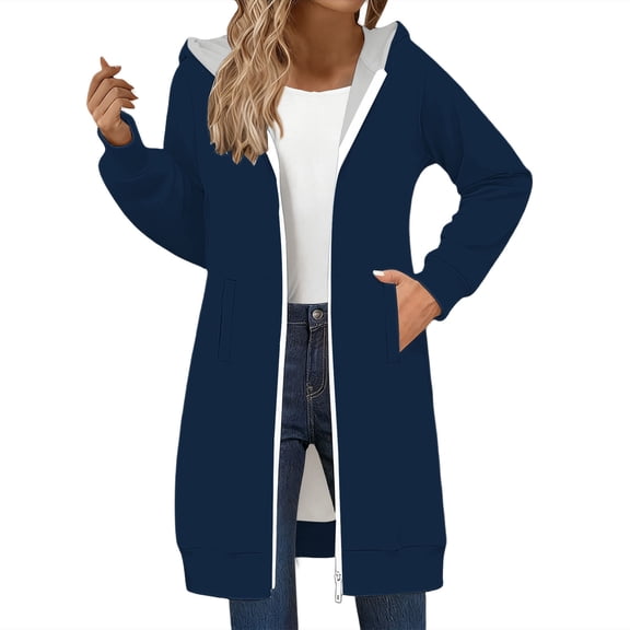 Breezora Longline Zip Up Jacket for Women Double Zipper Sweatshirt Fall Winter Fashion Outerwear Casual Oversized Layering Coat S Size Navy