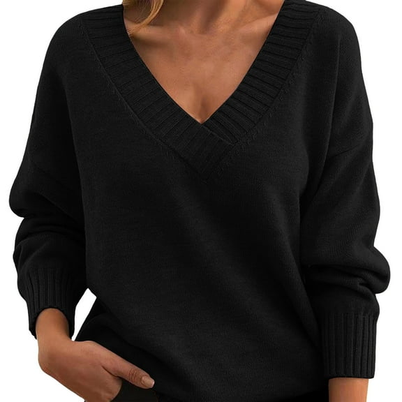 Breezora Loose Fit V Neck Knit Pullover Women Casual All Season Knitwear Versatile Basic Sweater XXXL Size Black