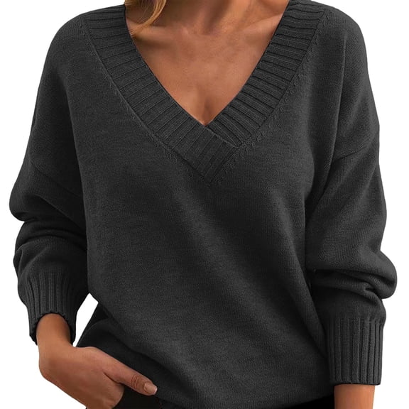 Breezora Loose Fit V Neck Knit Pullover Women Casual All Season Knitwear Versatile Basic Sweater XXXL Size Dark Gray