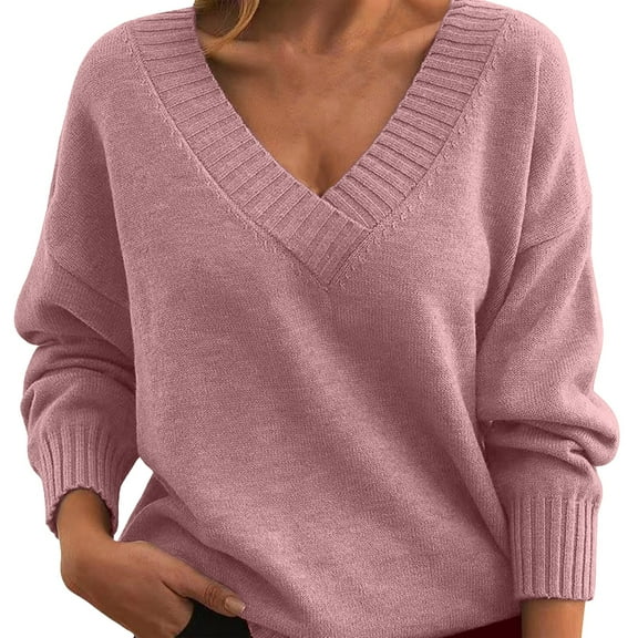 Breezora Loose Fit V Neck Knit Pullover Women Casual All Season Knitwear Versatile Basic Sweater XXXL Size Pink