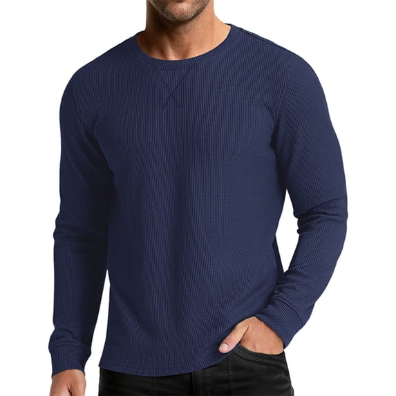 Breezora Men Thermal Shirt Long Sleeve Crew Neck Waffle Knit Base Layer for Cold Weather Layering and Indoor Comfort S Size Blue
