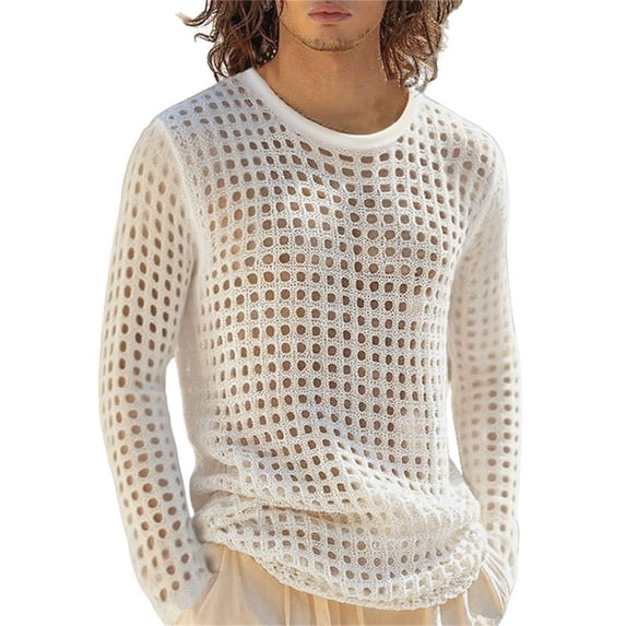 Breezora Men's Athletic Mesh Shirt Workout Summer Ventilated Fitness Top Knitted Long Sleeve Casual Tee for Gym XXL Size White