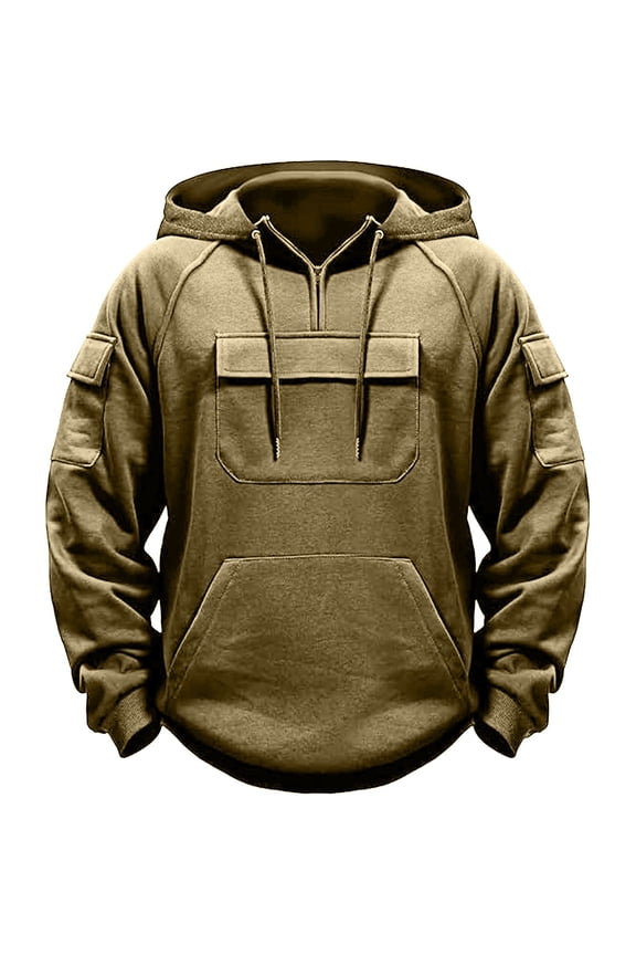 Men's Half Zip Hooded Sweatshirt Long Sleeve Pullover with Comfortable Stretch Fit for Fall and Winter Outdoor Activities XXXL Size Khaki