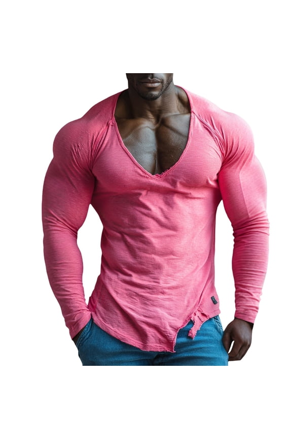 Men's Long Sleeve Deep V Neck T Shirts Slim Fit Muscle Undershirt Workout Training Base Layer Tees XXL Size Hot Pink