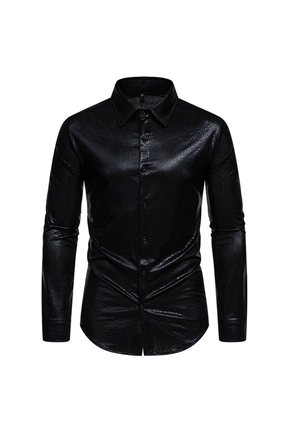 Men's Long Sleeve Shirt Lapel Button Down Casual Stone Pattern Hot Stamp Trendy Top for Fall Winter XXL Size Black