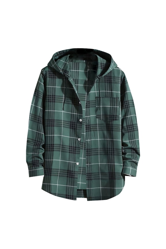 Men's Long Sleeve Shirt Plaid Flannel Casual Button Down Hooded Jacket Outdoor Hiking Camping Utility Shacket with Pockets M Size Green