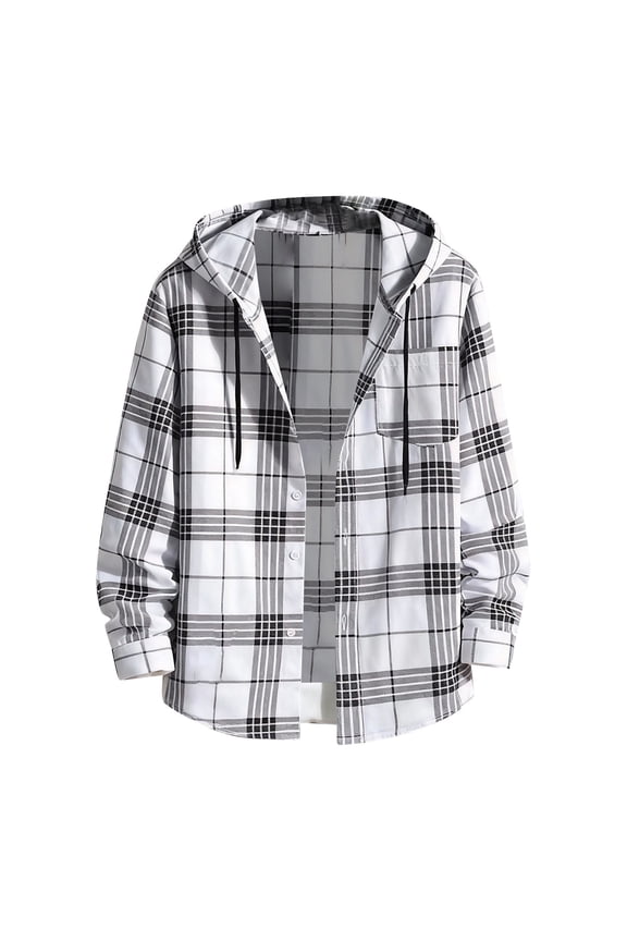 Men's Long Sleeve Shirt Plaid Flannel Casual Button Down Hooded Jacket Outdoor Hiking Camping Utility Shacket with Pockets XXXXXL Size White