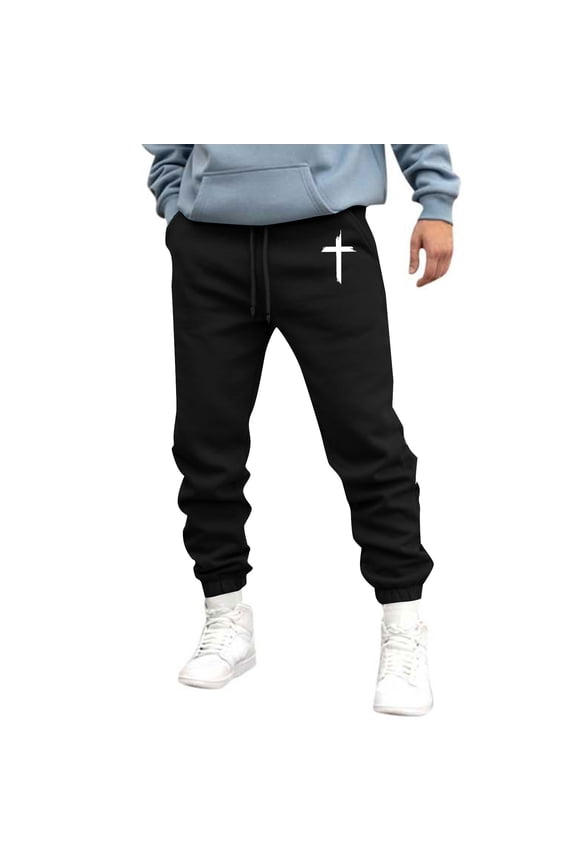 Men's Printed Jogger Sweatpants with Pockets High Waist Design Artistic Patterns Slim Cuff Sweatpants for Street Style L Size Black