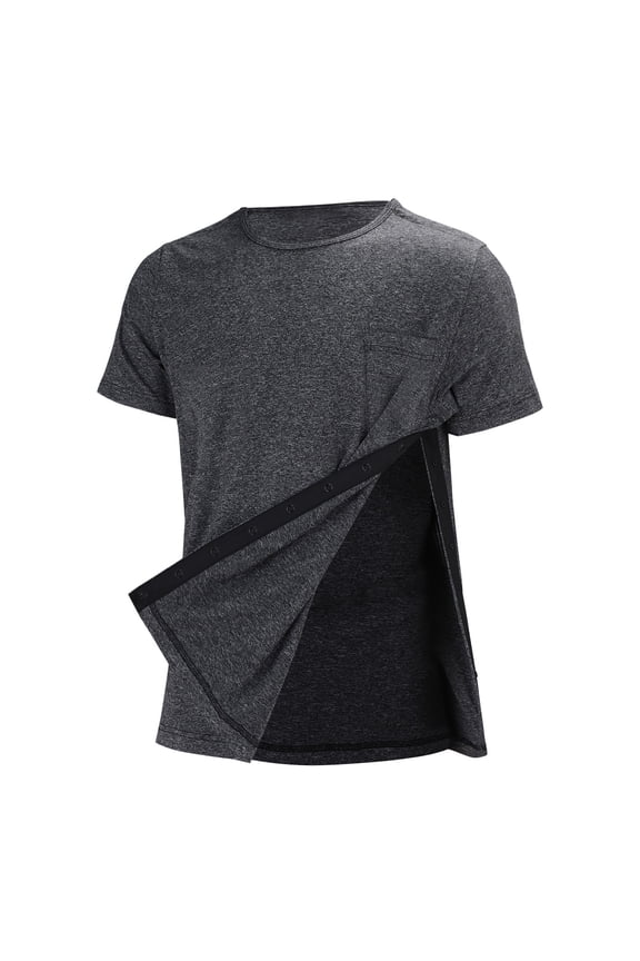 Men's Shirt Shoulder Surgery Recovery Easy Dressing Snap Front Long Sleeve Tee for Post Op Rehab and Chemo Port Access M Size Grey