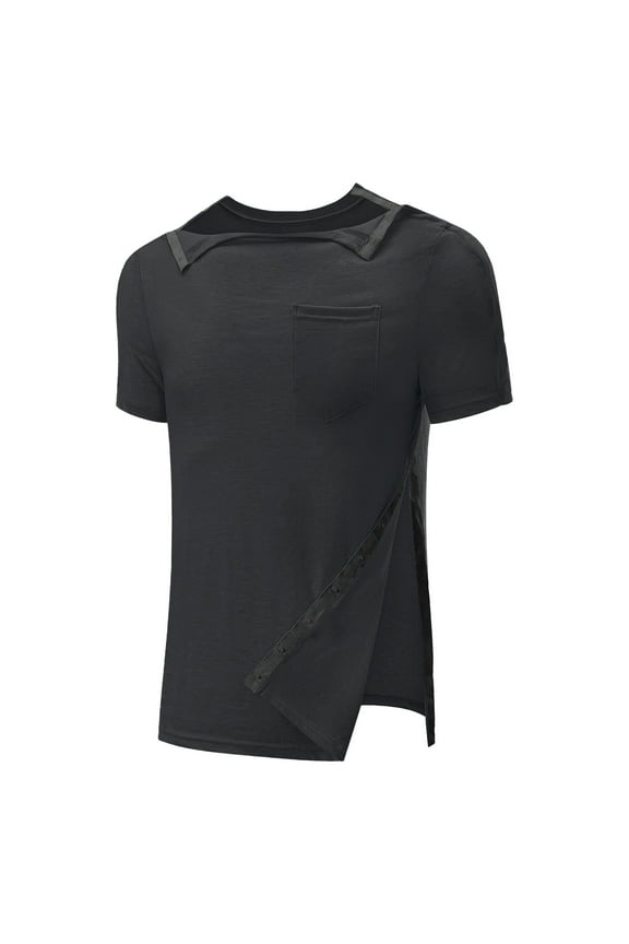 Men's Shirt Shoulder Surgery Recovery Easy Dressing Snap Front Long Sleeve Tee for Post Op Rehab and Chemo Port Access XXL Size Black