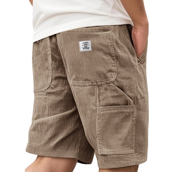 Breezora Men's Shorts Retro Corduroy Utility with Multiple Pockets and Embroidered Detail for Urban Fashion L Size Khaki