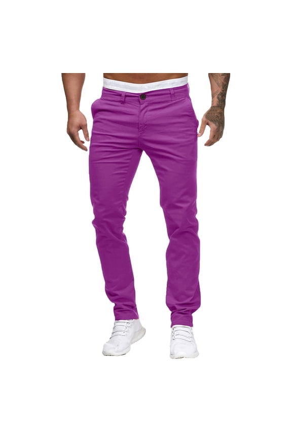 Men's Slim Fit Casual Pants with Mid Waist Design Functional Pockets Tailored Look Everyday Office Trousers XXL Size Purple