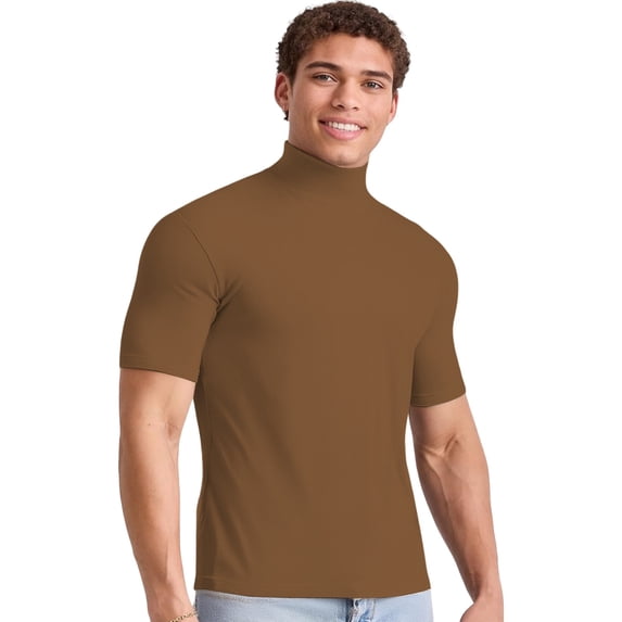 Breezora Men's Thermal Turtleneck T-Shirt Slim Fit Base Layer Short Sleeve Top for Spring and Autumn Comfort Wear XL Size Coffee