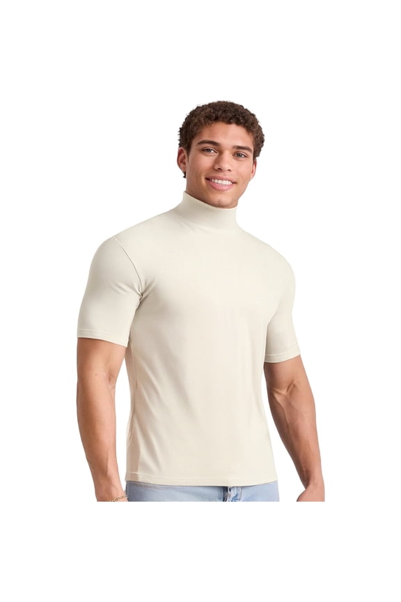 Men's Thermal Turtleneck T-Shirt Slim Fit Base Layer Short Sleeve Top for Spring and Autumn Comfort Wear XS Size Beige