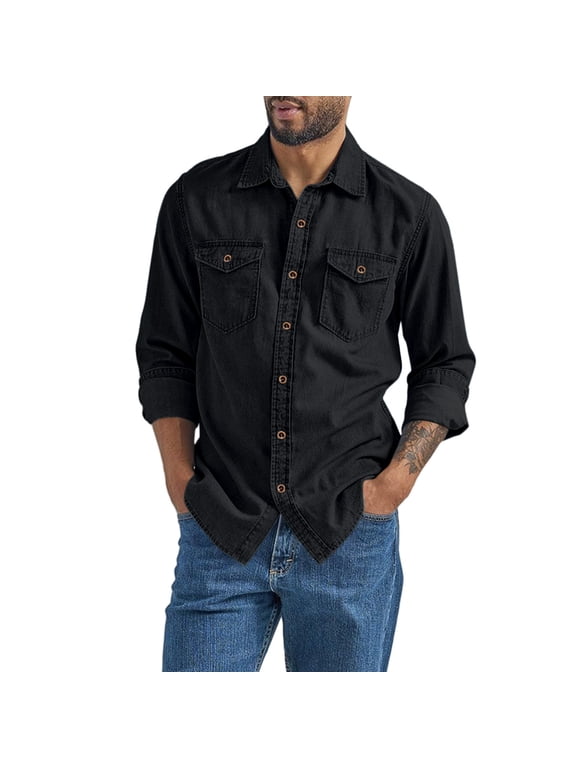 Mens Denim Shirt Jacket Long Sleeve Lapel Collar Casual Top for Spring Autumn Utility Style Rugged Comfort Everyday Wear L Size Black