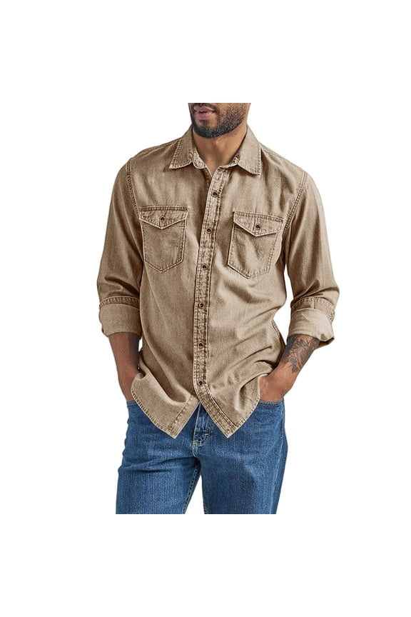 Mens Denim Shirt Jacket Long Sleeve Lapel Collar Casual Top for Spring Autumn Utility Style Rugged Comfort Everyday Wear XXL Size Khaki