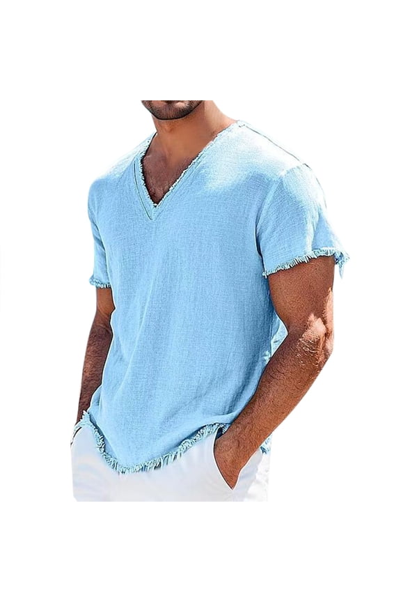 Mens Spring Summer Casual Linen Cotton V Neck T Shirts Breathible Short Sleeve Tee Tops XXL Size Light Blue