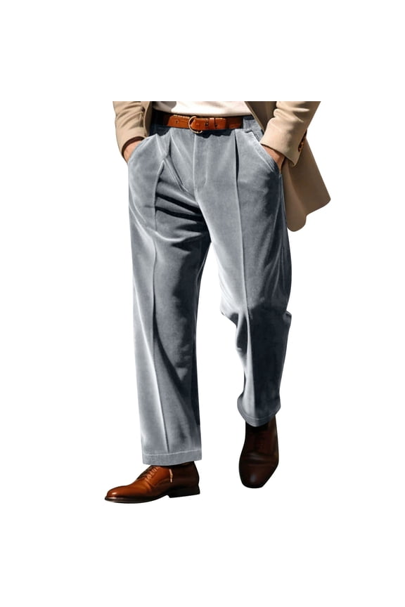 Mens Velvet Straight Leg Dress Pants for Formal Occasion Expandable Waist Comfort Trousers with Pockets Plush Business Attire L Size Silver