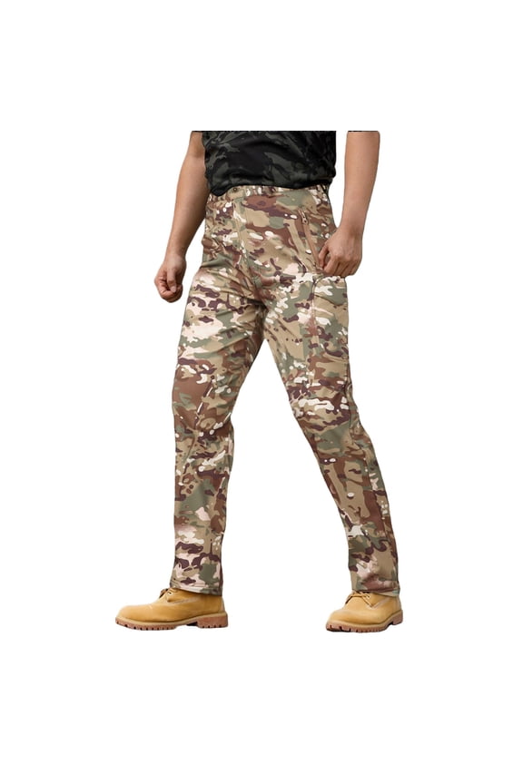 Mens Winter Work Pants Fleece Lined Thermal Ripstop Cargo Trousers with Pockets Windproof Warm for Outdoor Tactical Activities XXL Size Beige