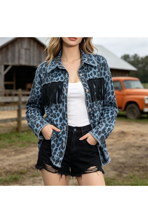 Mid Length Fringe Trim Denim Jacket for Women Leopard Print Lapel Collar Long Sleeve Casual Fall Trendy Top