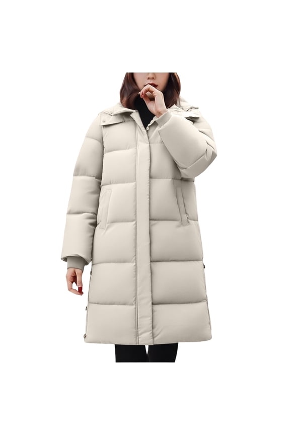 Mid Length Insulated Puffer Coat for Women Warm Thickened Quilted Winter Jacket XXL Size Beige