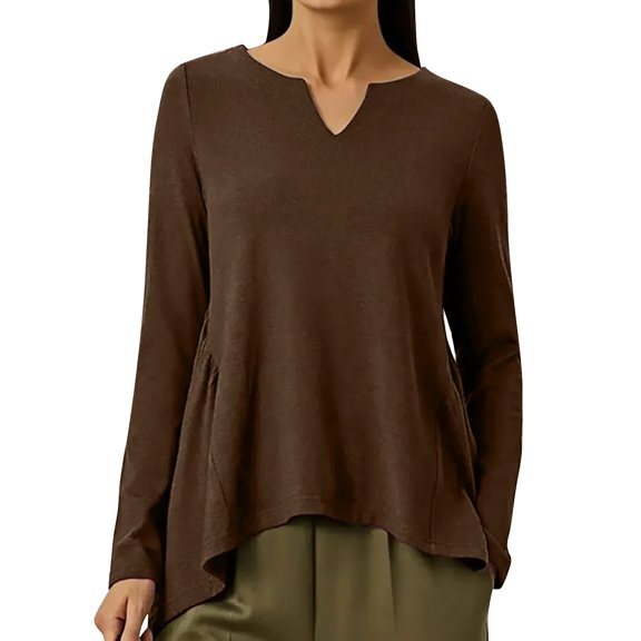 Breezora Modern V Neck Blouse Women Long Sleeve Casual Loose Shirt Ruffled Side Detail Office And Weekend Top S Size Coffee