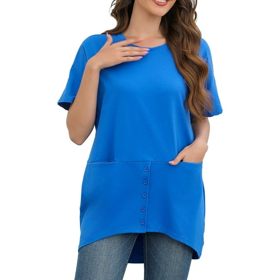 Breezora Oversized Button Down Pocket Tee for Women Stylish Casual Short Sleeve Top with Loose Comfortable Fit M Size Blue