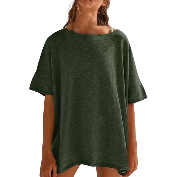 Breezora Oversized Cotton Tee for Women Soft Breathable Short Sleeve Crewneck Tshirt Trendy Relaxed Fit Summer Essential Top L Size Green