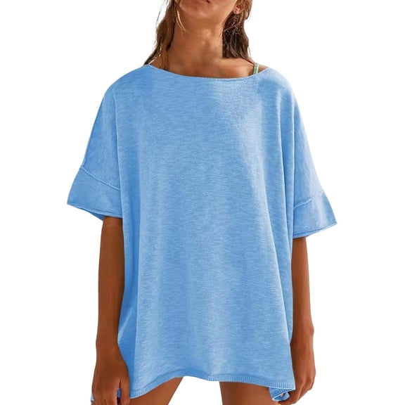 Breezora Oversized Cotton Tee for Women Soft Breathable Short Sleeve Crewneck Tshirt Trendy Relaxed Fit Summer Essential Top XL Size Sky Blue