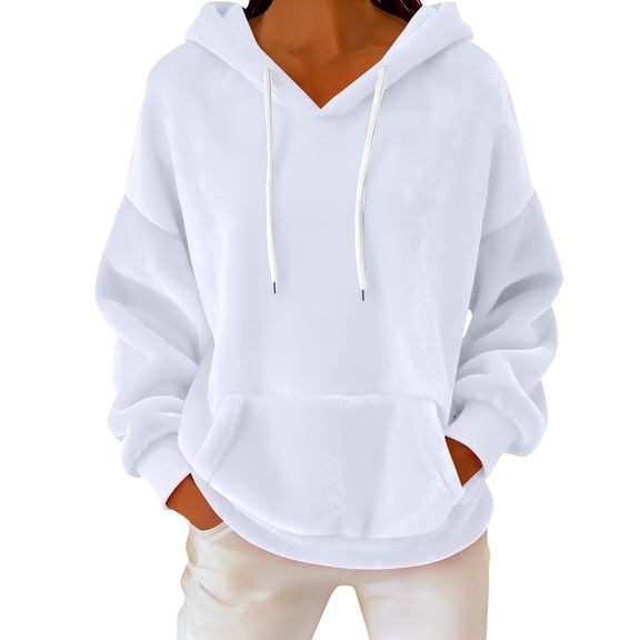 Breezora Oversized Fleece Hoodie For Women Loungewear Warm Pullover Fall Winter Everyday Streetstyle M Size White