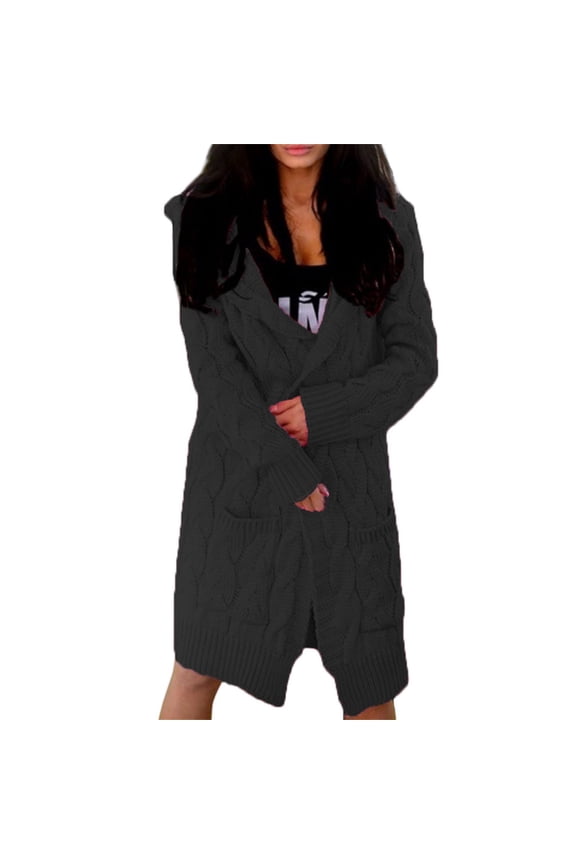 Oversized Hooded Cable Knit Cardigan Women’s Long Open Front Sweater Coat Cozy Chunky Weave with Pockets XL Size Black