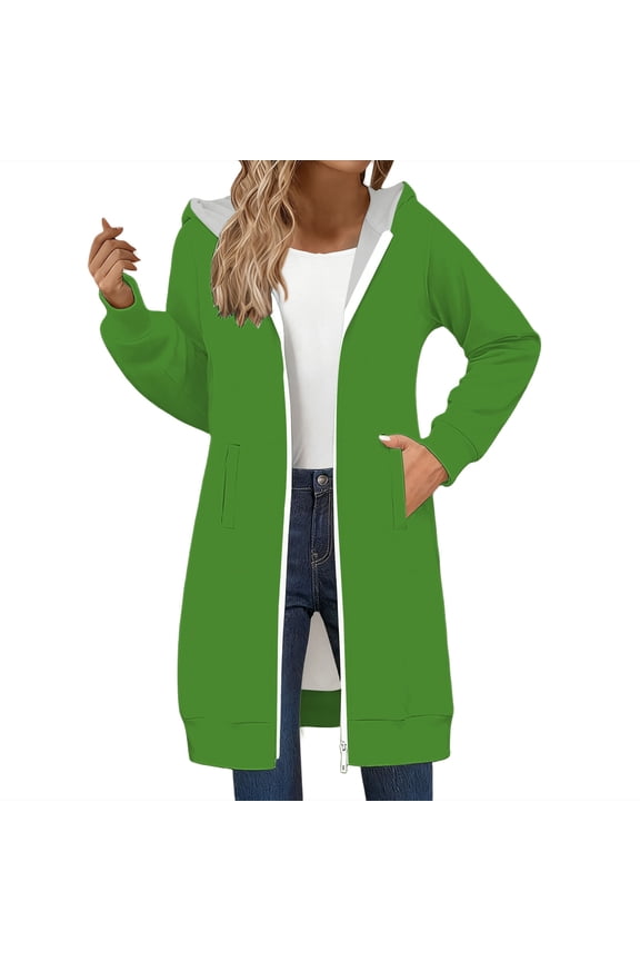 Oversized Long Zip Jacket for Women Double Zipper Sweatshirt Fall Winter Streetwear Soft Feel Casual Longline Top Layer L Size Green