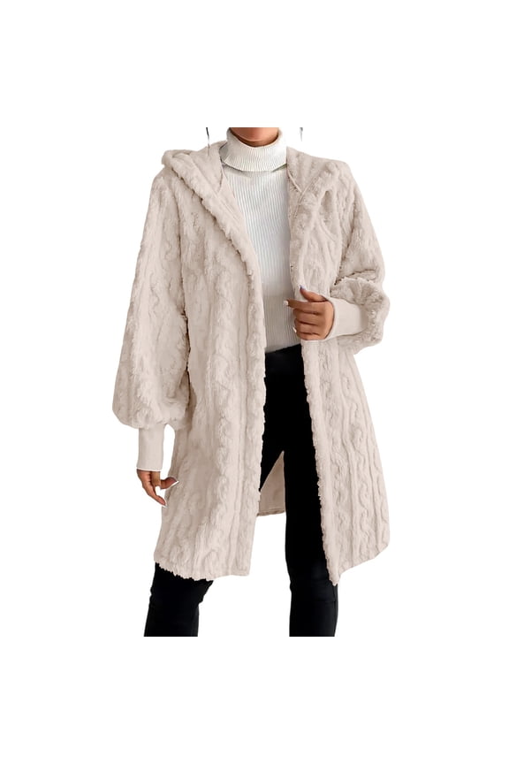 Oversized Teddy Jacket for Women Cozy Fuzzy Long Coat with Pockets Warm Casual Outerwear L Size Beige