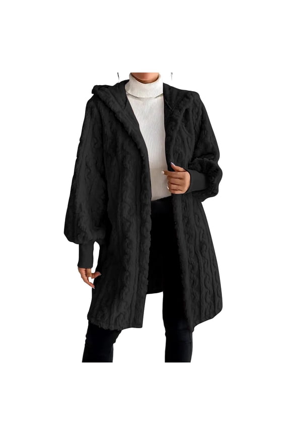 Oversized Teddy Jacket for Women Cozy Fuzzy Long Coat with Pockets Warm Casual Outerwear XL Size Black