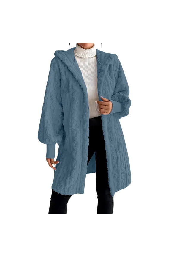 Oversized Teddy Jacket for Women Cozy Fuzzy Long Coat with Pockets Warm Casual Outerwear XXL Size Dark Blue