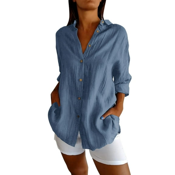 Breezora Pleated Lapel Shirt Women Single Breasted Roll Up Sleeve Office To Weekend Versatile Top XXXXL Size Blue