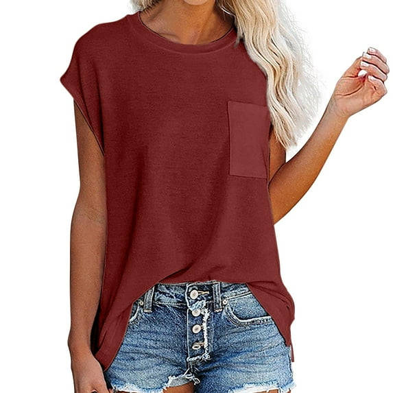 Breezora Pocket Detail Tshirt Women's Relaxed Fit Round Neck Breathable Everyday Basic Top L Size Red