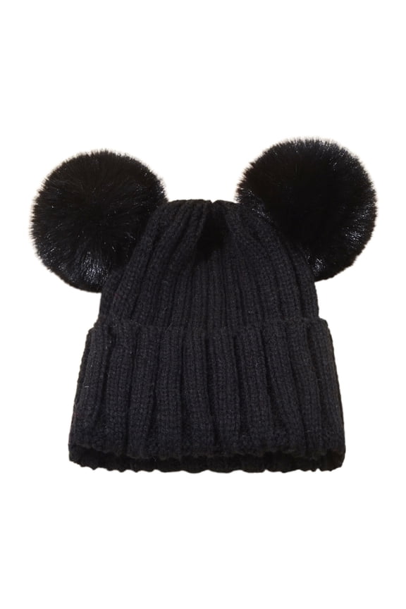 Pom Pom Beanie Striped Knit Hat Soft Warm Winter Cap for Baby Girls and Boys Cold Weather Black