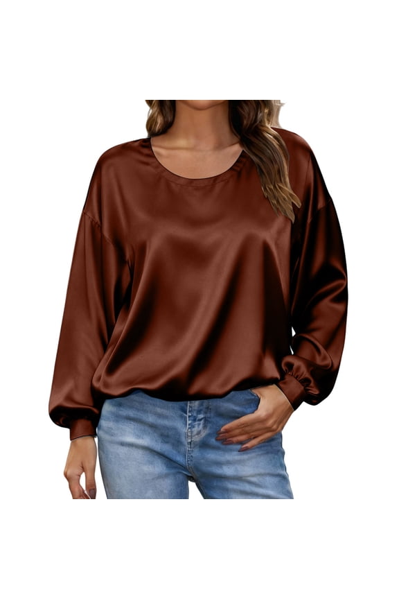 Professional Pleated Blouse Women Long Sleeve Satin Shirt Office Work Attire Elegant Fall Tunic Top L Size Brown