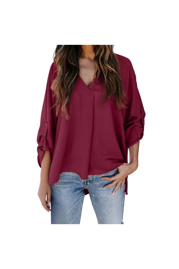 Professional V Neck Work Blouse Women's Comfortable Office Wear Loose Fit Business Casual L Size Red