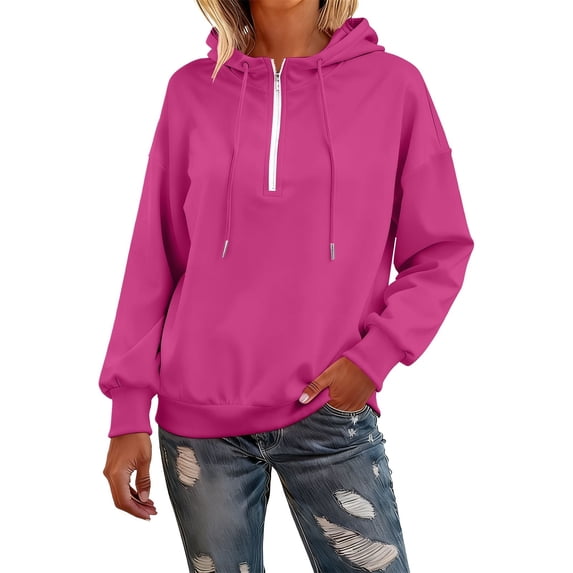 Breezora Quarter Zip Hooded Sweatshirt for Women Trendy Lapel Neckline Pullover Hoodie Soft Fleece Loungewear Comfortable Casual Street Style Top L Size Hot Pink