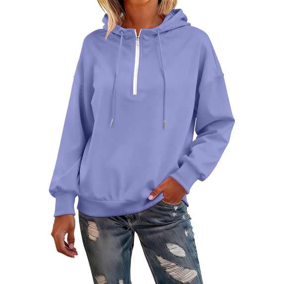 Breezora Quarter Zip Hooded Sweatshirt for Women Trendy Lapel Neckline Pullover Hoodie Soft Fleece Loungewear Comfortable Casual Street Style Top M Size Purple