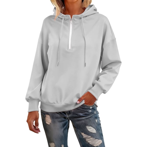 Breezora Quarter Zip Hooded Sweatshirt for Women Trendy Lapel Neckline Pullover Hoodie Soft Fleece Loungewear Comfortable Casual Street Style Top XL Size Light Ashy