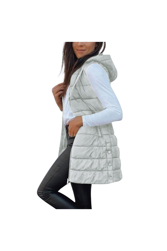 Quilted Button Front Puffer Vest Sleeveless Hooded Warm Layer for Cold Weather Adventures L Size Grey