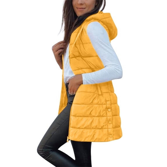Breezora Quilted Button Front Puffer Vest Sleeveless Hooded Warm Layer for Cold Weather Adventures M Size Yellow