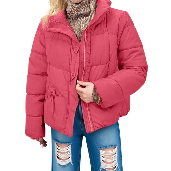 Breezora Quilted Puffer Jacket for Women Full Zip Hooded Bubble Coat Winter Warm Long Sleeve Padded Parka L Size Red