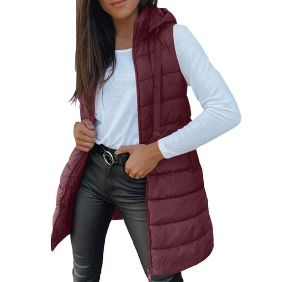 Breezora Quilted Sleeveless Puffer Vest for Women Hooded Winter Coat Warm Zip Up Outerwear Mid Length Design S Size Wine