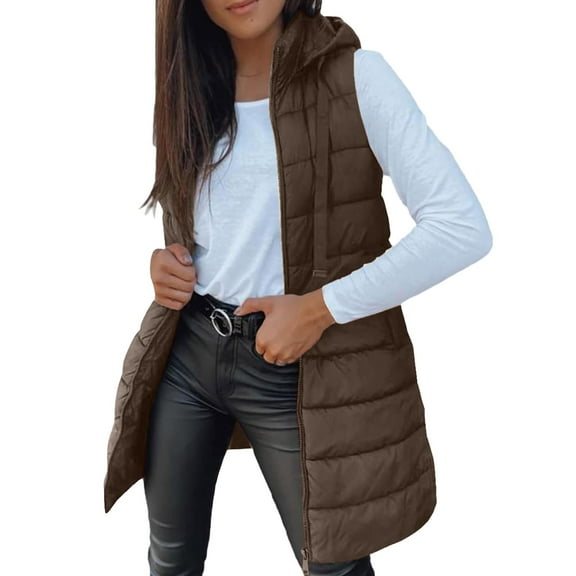Breezora Quilted Sleeveless Puffer Vest for Women Hooded Winter Coat Warm Zip Up Outerwear Mid Length Design XXL Size Coffee