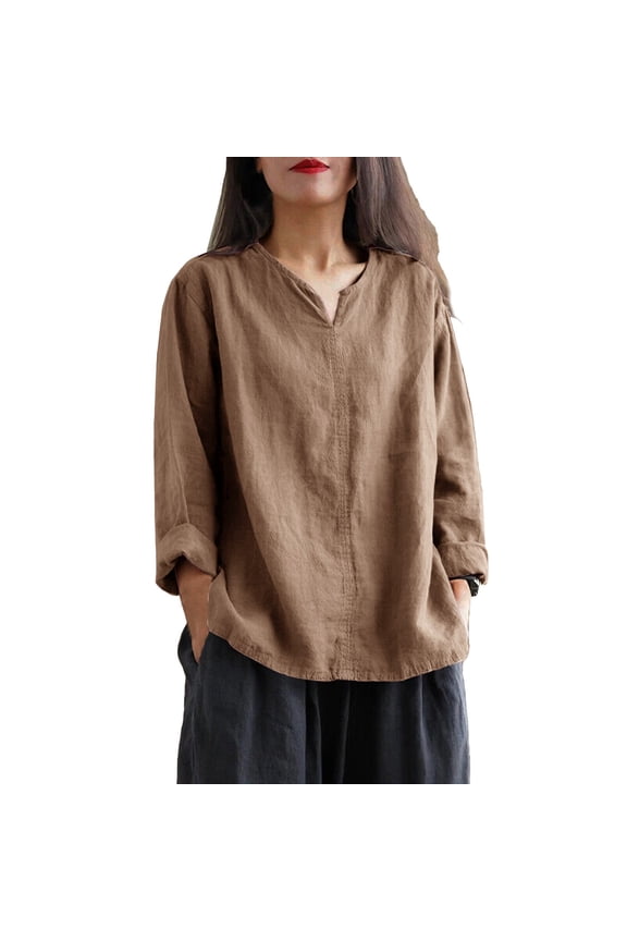 Relaxed Fit V-Neck Shirt For Women Casual Linen Blend Open Side Slit Long Sleeve Top Loose Comfortable Wear XXL Size Bronze