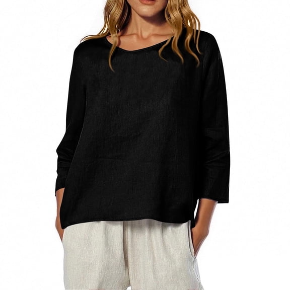 Breezora Relaxed Fit Womens 3 4 Sleeve Round Neck Blouse Lightweight Printed Top for Everyday Wear XXL Size Black